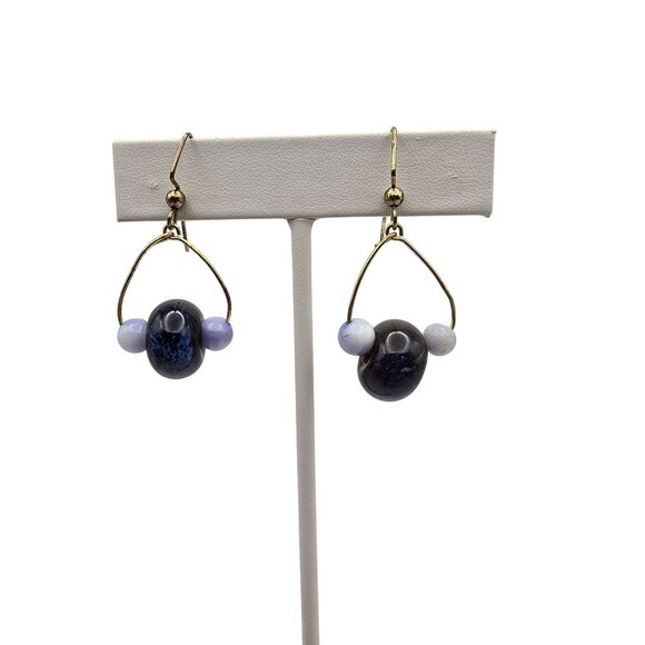 Women's Fashion Jewelry Blue Tone Beaded Loop Dangle Drop Hook Back Earrings - Picture 1 of 9